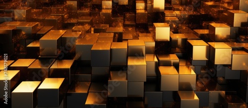 The room is filled with hundreds of gold cubes, creating a mesmerizing optical illusion. These cubes are strategically placed for interior design purposes, potentially for a wallpaper business.