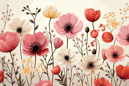 Seamless pattern of flowers. Handmade, watercolor. Wallpaper, fabric design.