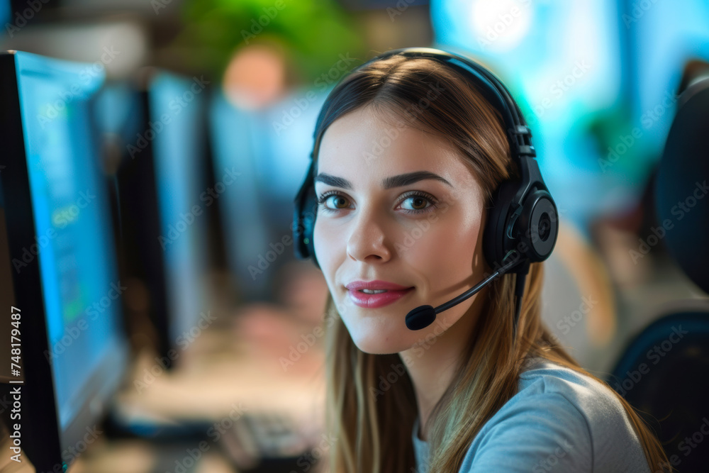 Woman Wearing Headset Working at Computer Woman Wearing Headset Working at Computer