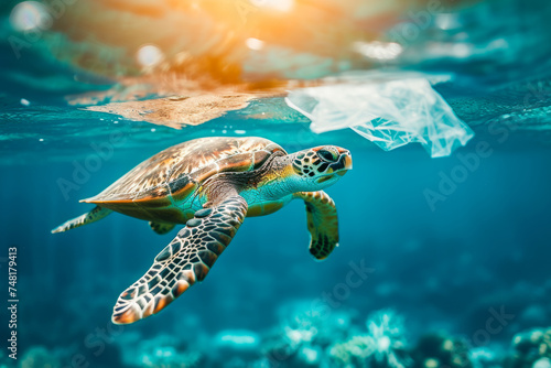 Turtle Swimming Alongside Plastic Bag in Ocean