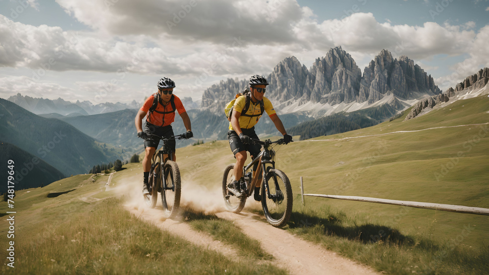 A man and a woman on mountain bikes racing along trail in the Dolomites, Val Gardena, Italy