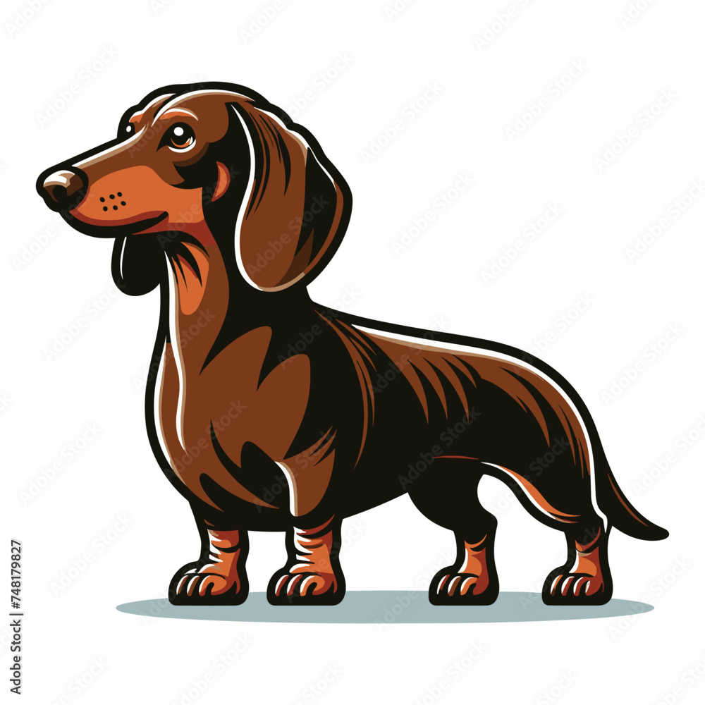 Cute adorable dachshund dog cartoon character vector illustration, funny pet animal dachshund puppy flat design mascot logo template isolated on white background