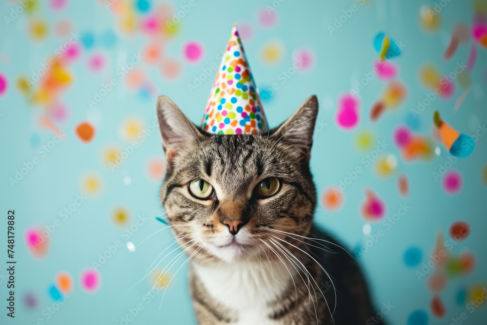 Cat Wearing Party Hat With Confetti Cat Wearing Party Hat With Confetti