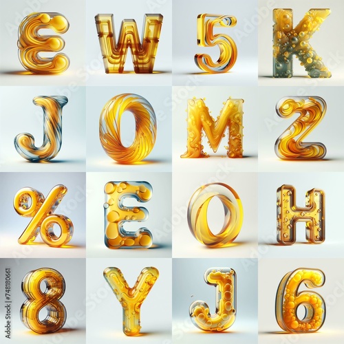 Yellow glass 3D Lettering Typeface. AI generated illustration