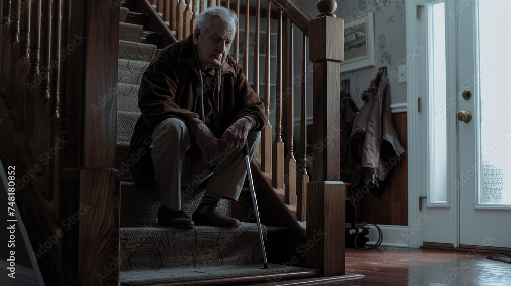 An elderly man, contemplative and weary, sits on stairs with his cane, reflecting life's passage.