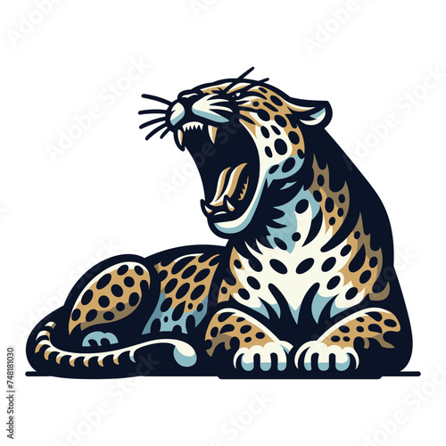 Wild roaring jaguar leopard full body vector illustration, zoology illustration, animal predator big cat design template isolated on white background
