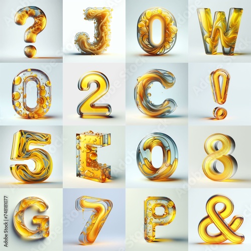 Yellow glass 3D Lettering Typeface. AI generated illustration