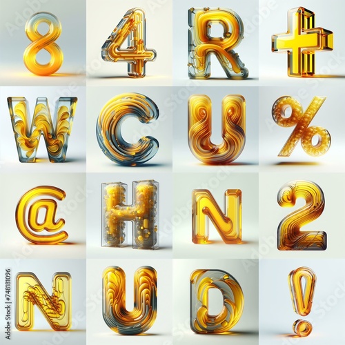 Yellow glass 3D Lettering Typeface. AI generated illustration