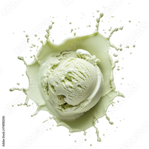 Mint Ice cream scoop or ball with splash levitating and flying, isolated on white background. Top view © uv_group