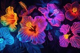 Vibrant hibiscus flower neon light illuminating with vivid colors against a dark background, creating a lively and eye-catching atmosphere.