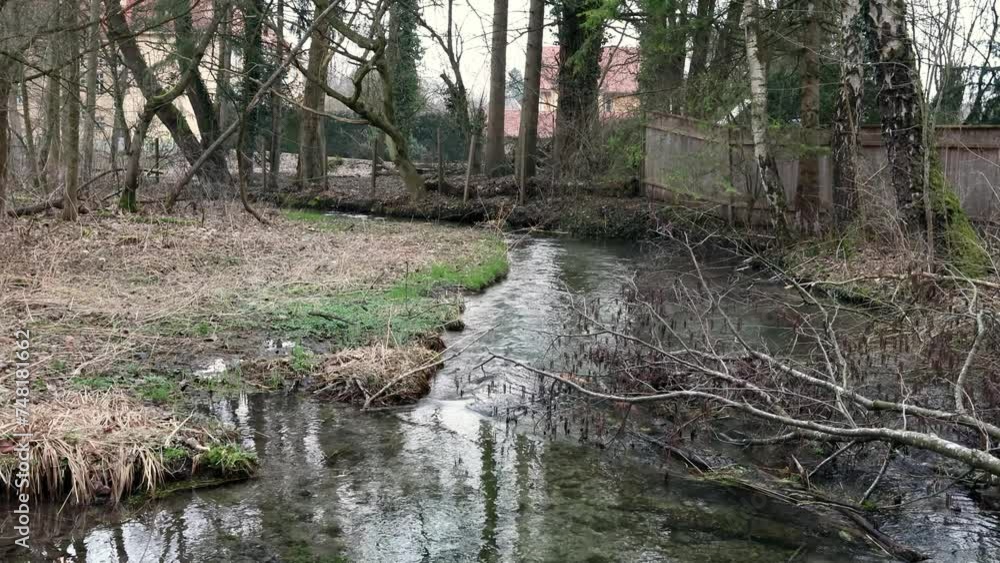 Ein Bach in Siebenbrunn bei Augsburg strömt gluckernd an einem umgestürzten Baum vorbei während im Wald vögel singen Ein Bach in Siebenbrunn bei Augsburg strömt gluckernd an einem umgestürzten Baum vorbei während im Wald vögel singen