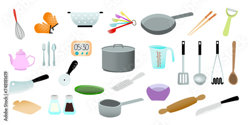 Kitchen Utensils Vectors. Whisk oven gloves teapot cleaver cutting board fork spoon butter cutlery colander cooking pizza cutter salt pepper seasoning spice cup frying pan spatula ladle peeler knife