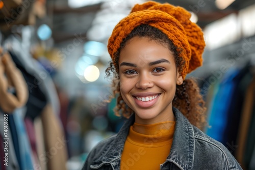 Portrait of smiling african american woman looking at camera in clothing store © engkiang