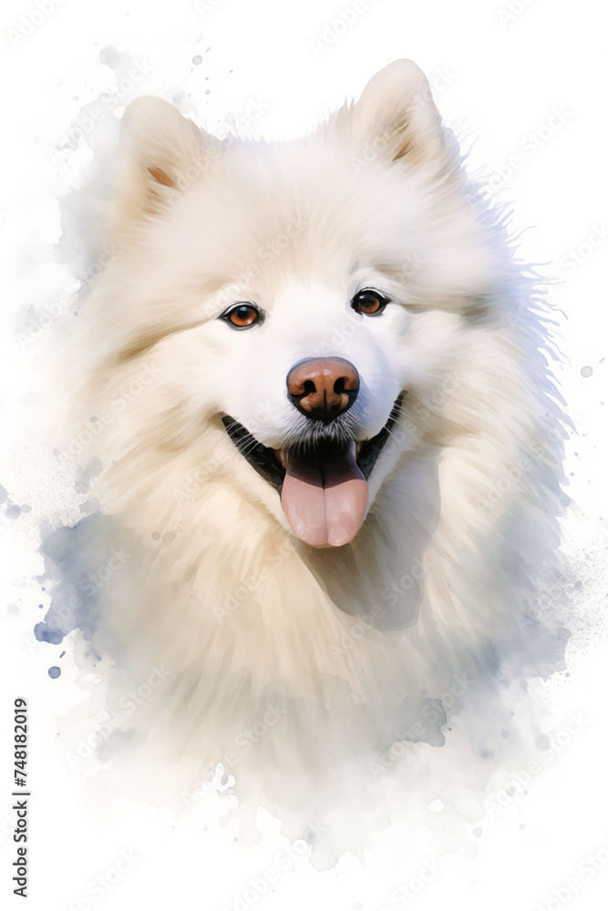 Pet Dog Fluffy Charm: Watercolor Inspired Portrait of a Beloved Samoyed Head Image. 
