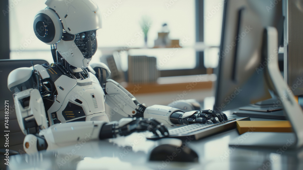 Futuristic robot working at a computer, AI technology in a human workspace. Futuristic robot working at a computer, AI technology in a human workspace.