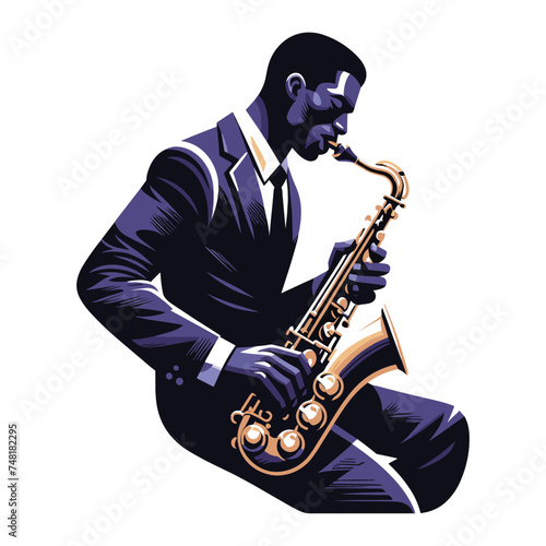 Musician playing saxophone, music player performing solo, holding sax instrument in hands, man saxophonist, jazz and blues performance. Flat vector illustration isolated on white background