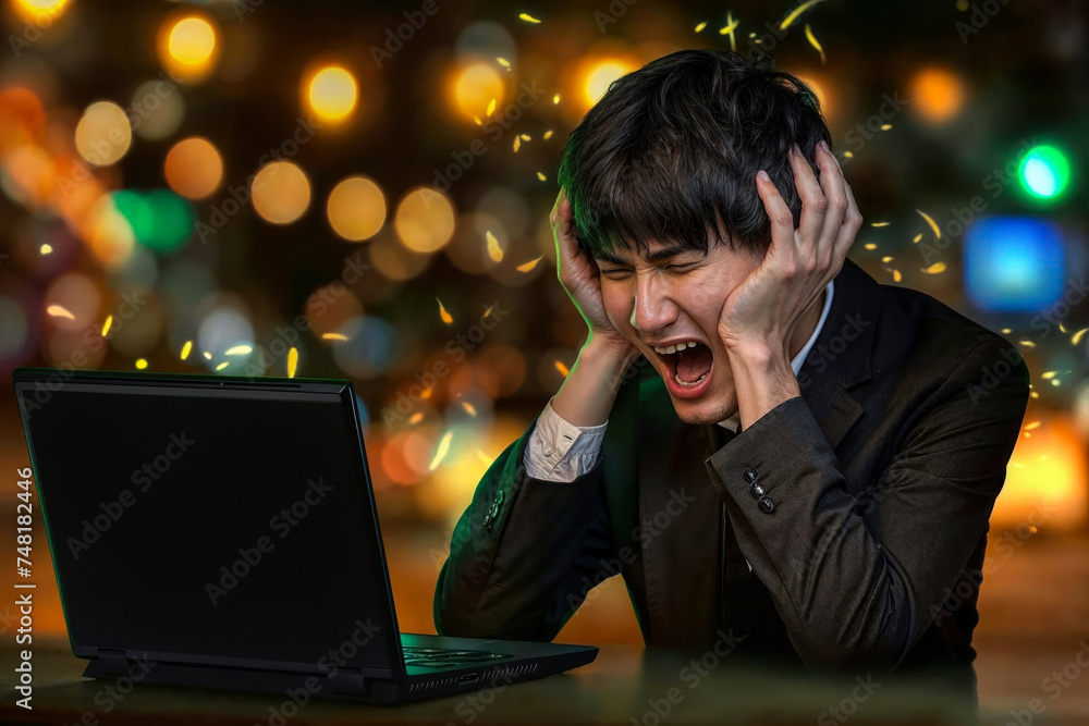 Distressed young man reacts emotionally to computer screen at night with sparkling background lights Distressed young man reacts emotionally to computer screen at night with sparkling background lights