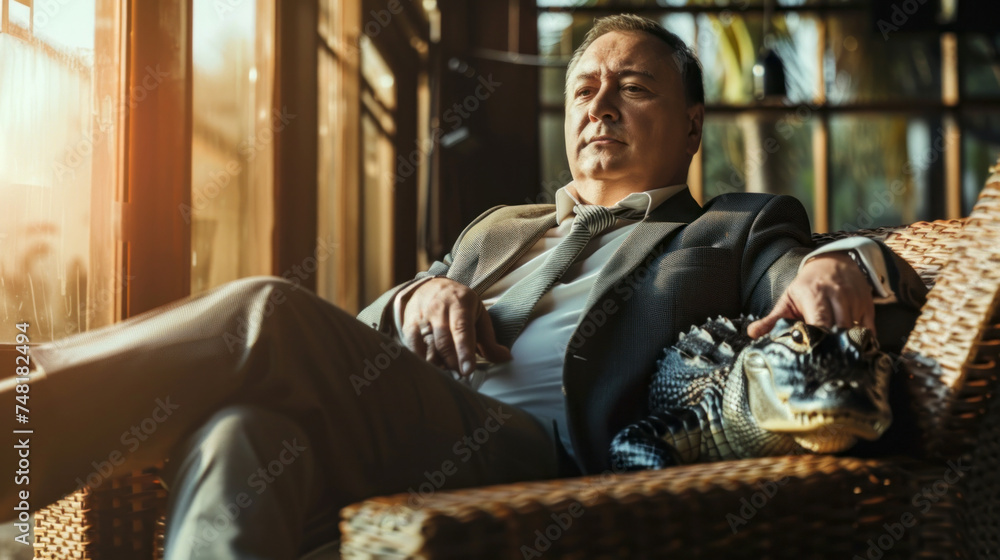 Business man is petting his crocodile or alligator, symbol of unethical business Business man is petting his crocodile or alligator, symbol of unethical business