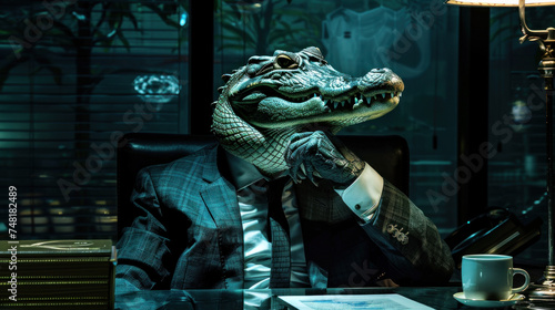 Scary, cold-blooded, heartless corporate boss depicted as crocodile or alligator in his office