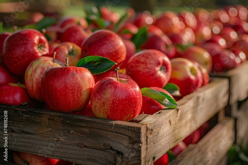 Wooden crate overflows with red apples in the warm light of sunset  with rows of apple trees in the background.