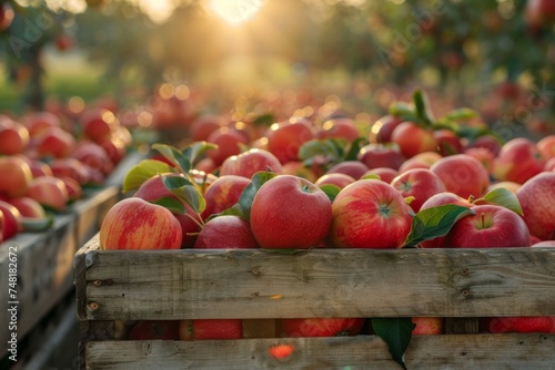 Wooden crate overflows with red apples in the warm light of sunset, with rows of apple trees in the background.