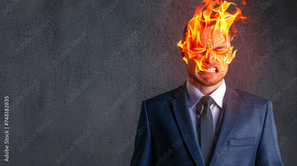 Man with his head on fire - overthinking, problem solving or headache concept Man with his head on fire - overthinking, problem solving or headache concept