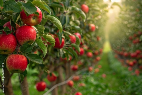 Rows of apple trees laden with bright red fruit, indicating peak harvest time in a well-maintained orchard.