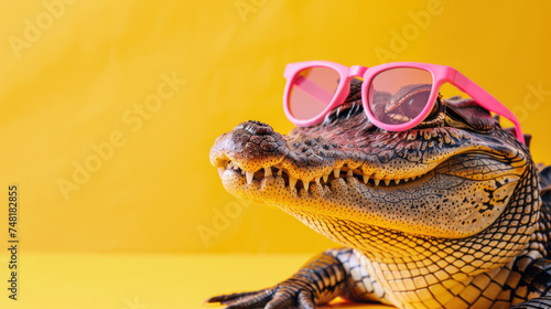 Portrait of cute crocodile wearing pink sunglasses