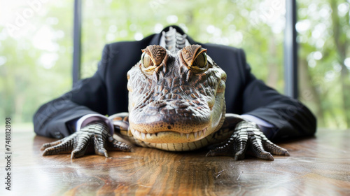 Vile, angry, heartless corporate manager depicted as crocodile or alligator in his office photo