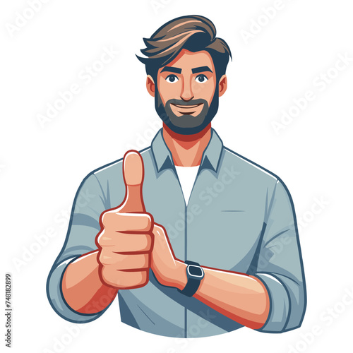 Man giving thumbs up vector illustration, happy guy showing OK gesture, approval sign, positive emotion, work done sign design template isolated on white background