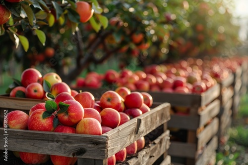 Wooden crate overflows with red apples in the warm light of sunset, with rows of apple trees in the background.