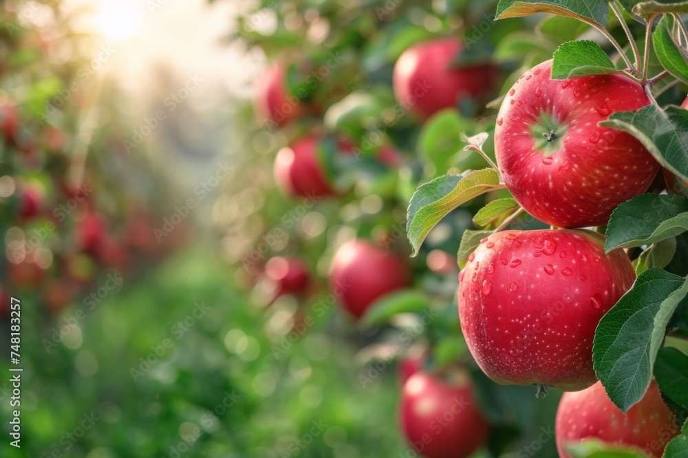 Rows of apple trees laden with bright red fruit, indicating peak harvest time in a well-maintained orchard. Rows of apple trees laden with bright red fruit, indicating peak harvest time in a well-maintained orchard.
