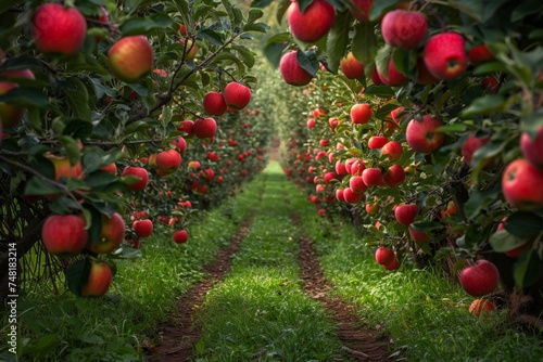 Rows of apple trees laden with bright red fruit, indicating peak harvest time in a well-maintained orchard.