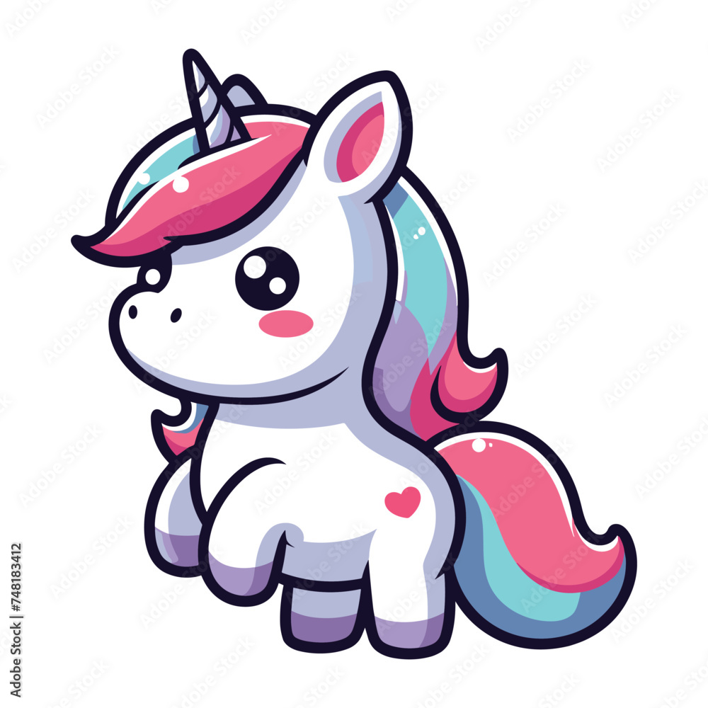 Cute unicorn cartoon character vector illustration, happy adorable magic unicorn with rainbow mane and tail design template isolated on white background Cute unicorn cartoon character vector illustration, happy adorable magic unicorn with rainbow mane and tail design template isolated on white background