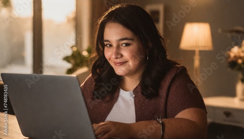 Portrait of a beautiful overweight woman working from home on a laptop computer