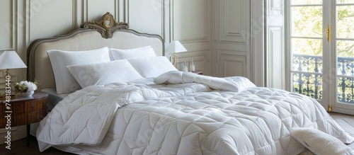 This image showcases a luxurious white bed adorned with a fluffy white comforter and soft pillows. The immaculate white bedding exudes comfort and elegance, inviting relaxation and rest.