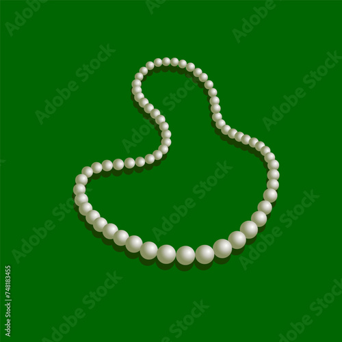 Decoration of white pearls on a green background. Vector illustration