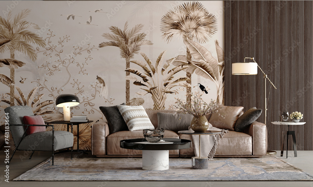 Living room design with hand painted tropical nature wall, floor and ...