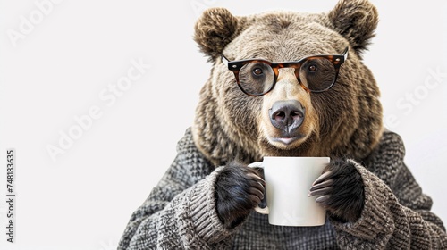 Cozy Mr.Bear in glasses is drinking coffee with a decent coffee mug isolated on white background, funny animal portrait on white.