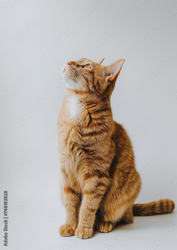 Cute Orange Tabby Kitten Sitting and Looking Up isolated on white background, Focus and playful funny cat.