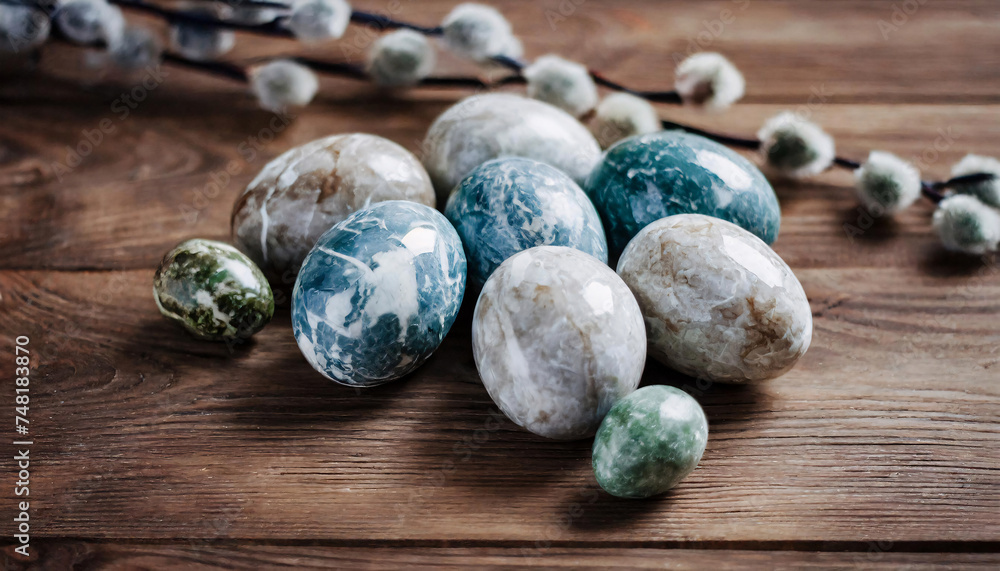 Easter eggs in marble colors on the wooden table Easter eggs in marble colors on the wooden table