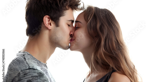 Young man trying to kiss a girl isolated on white background 