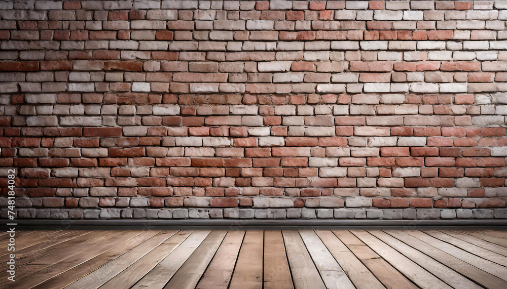 vintage red brick wall and wooden floor, background with copy space