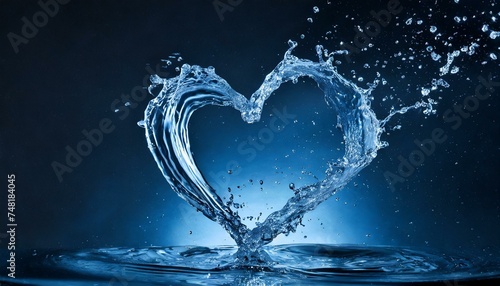 heart splash of blue water isolated on dark blue background 