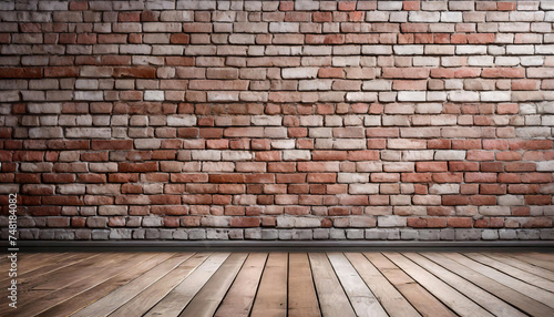 vintage red brick wall and wooden floor  background with copy space