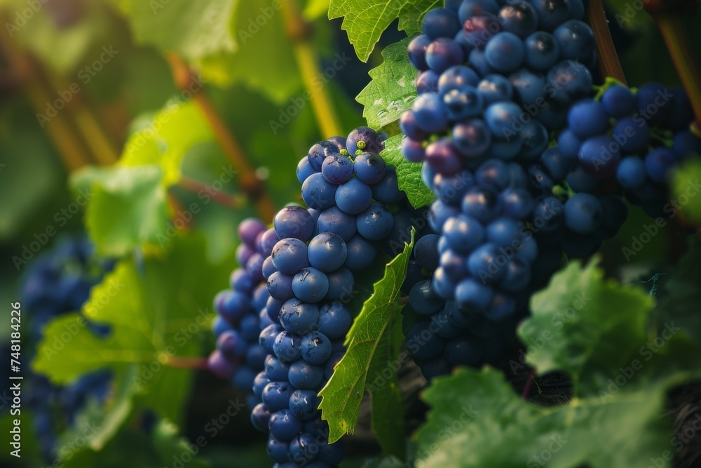 Vibrant purple grape clusters hang from the vine, ready for harvest in the vineyard, showcasing the bounty of the season.