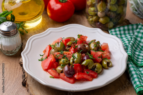 Turkish cuisine; green olive salad (Turkish name; Kirma yesil zeytin salatasi)