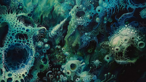 Layers of abstract imagery in cool blue and green tones resembling an underwater world filled with unknown creatures and forms.