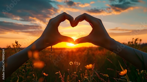Women Making Heart Shape with Hands in a Field of Flowers during Sunset photo