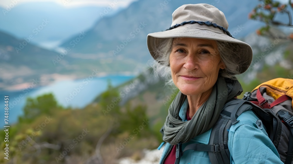 Active Older Woman Hiking in Scenic Mountains